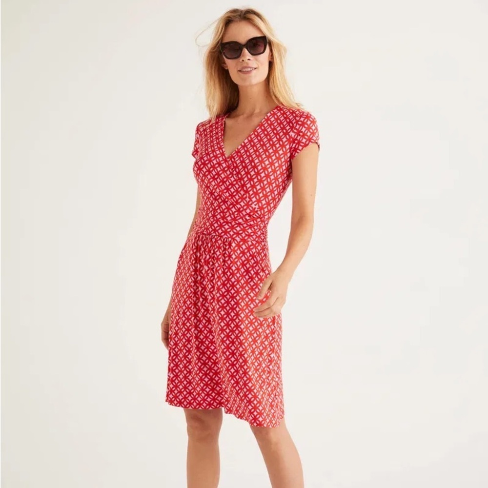 Boden Red Geo Wrap-Style V-Neck Dress